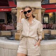 Defymoda Kadın Uzun Kollu Salaş Gömlek Ve Şort Keten Ikili Takım Bej