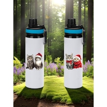 Kediler Baskılı 2'li Mavi Kulplu Matara Suluk 850 Ml Beyaz