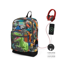 Coral High Kids Siyah Gri Dinozor Desenli Dört Bölmeli Usb'li Okul Sırt Çantası 23844