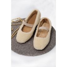 Krem Peluş Tüylü Bant Detaylı Kadın Ev Ayakkabısı Babet Krem