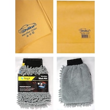 Polikur 3219 Mikrofiber Güderi Oto Kurulama Bezi & Spark 7050 Şönil Oto Temizlik Eldiveni 2'li Set