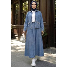 Hb Harma Time Butik Kadın Taş İşlemeli Kot Mavi Ceket Ve Beli Lastikli Kot Mavi Etek İkili Takım Koyu Mavi Koyu Mavi