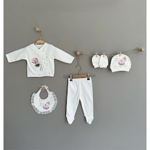 Buse & Eylül Bebe Ortanca Çiçek Desenli 5 Parça Kız Bebek Hastane Çıkışı - Ekru
