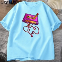 Flood Of Style 80s Kaset Bant Kalem Baskılı T-shirt 1980s Retro Vintage Gerileme Müzik T Shirt Erkek Giyim B Mavi