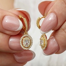 Gümüş Gold Oval Taşlı Sallantılı Küpe Çok Renkli