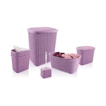 5 Parça Örgü Desenli Plastik Banyo Seti Çamaşır Sepeti Deterjanlık Çöp Kovası Klozet Fırçası - Mor Çok Renkli