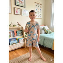 Aliş Kids Erkek Çocuk Pamuklu Bej Rengi Dinozor Desenli Kısa Kollu Şortlu Yazlık Pijama Takımı Bej Mavi