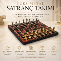 Lüks Metal Satranç Takımı Krom Figürlü 20x20 Cm Kırmızı Tahta Dekoratif Koleksiyon Hediye Seti Özel