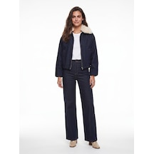 Onloox Kadın Lacivert Lacivert Pamuklu Seyyar Suni Kürk Yakalı Rahat Kesim Fermuarlı Cepli Denim Bomber Pantolon Takım