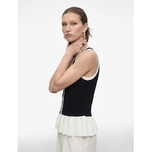 Koton Renk Kontrastlı Krep Scuba Kumaş Kolsuz Düğmeli V Yaka Fırfırlı Peplum Bluz Siyah 6sak70013uk