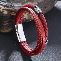 Erkek Kadın Çok Katmanlı Moda Örgülü Deri Bileklikler Paslanmaz Çelik Tokalı Kurukafa Bilezik Hediyeler Kırmızı