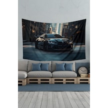 Siyah Spor Araba Desenli Duvar Halısı Duvar Örtüsü Tapestry Süet Dokulu Kumaş