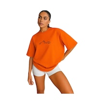 Dağ Baskılı Kadın Oversize Unisex Tişört Turuncu