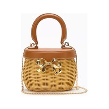 Self-portrait Self-portraıt Bow Basket Çanta Naturel Rattan & Altın Detaylı Zarif Mini Tote Portföy Çanta Sarı 15bat