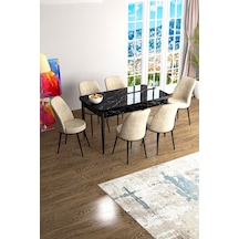 Canisa Han Serisi, Siyah Mermer Desen 70x114, Açılabilir Mdf Mutfak Masa Takımı, 6 Krem Sandalye Masa Siyah Mermer Sandalyeler Krem