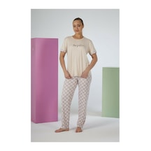 Estiva Kadın Kareli Alt Desenli Kısa Kollu Soft Pijama Takımı Bej