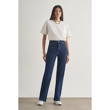Koyu Rins Mizalle Geniş Paça Yüksek Bel Koyu Mavi Denim Pantolon Mavi