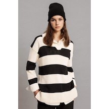 DeFacto Regular Fit Polo Yaka Çizgili Triko Kazak Tunik B8370AX24SPER133 Ekru