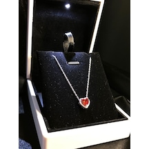 Vog 925 Ayar Swarovski Taşlı S Model Kalpli Kolye Gümüş - Kırmızı