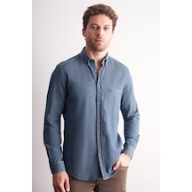 İmza Lacivert - Vizon Uzun Kol Düğmeli Yaka Kendinden Desenli %100 Pamuk Slim Fit Gömlek 1004255199 Lacivert - Vizon