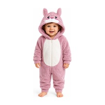 Tatlı Ayıcık Desenli Welsoft Peluş Kapüşonlu Fermuarlı Kışlık Unisex Bebek Tulumu 40197 Pembe
