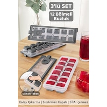 3 Adet Silikon Bas Çıkar Buzluk - 12 Hazneli Kapaklı Yapışmaz Silikon Kokteyl Sunum Buz Kalıbı Gri