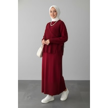 Defymoda Kadın Kırmızı Modest Triko Tunik Elbise Takım Kırmızı