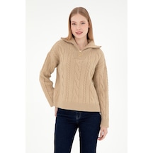 U.S. Polo Assn. Kadın Kum Melanj V Yaka Fermuarlı Kazak 50297118-VR123