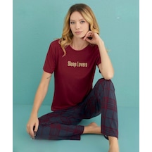 Mihra Kadın Bisiklet Yaka Milan Likralı Kısa Kol Pijama Takımı 50107/95 - 1 Adet Bordo