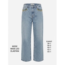 Miss Poem Kadın Buz Mavi Ananas Aksesuarlı Yüksek Bel Wide Leg Jean Pantolon