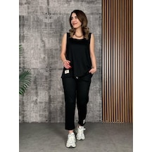 Mythrıva Kadın Askılı Yuvarlak Yaka Viskon Iki Iplik Bluz Ve Eşofman Altı Ikili Takım Siyah
