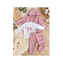 Uğur Bebe Kız Bebek Jakarlı Takım 3 Parça Kapüşonlu Hırka Tavşan Baskılı Üst Pantolon Pudra Pembe Pudra Pudra