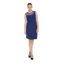 4011Asx-Nidya Moda Büyük Beden Elbise Krep Saks Mavi