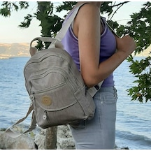 Fiyra S1 Vizon Renk Krinkıl Kumaş Dört Bölmeli Bayan Sırt Çantası-Vizon-Std