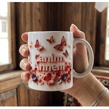 Canım Annem Kelebek Ve Çiçek Figür 3 Boyut Görsel Baskı Kupa Anlamlı Ve Duygusal Tasarım Beyaz - Kırmızı