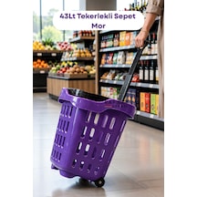 43 Lt Tekerlekli Market Sepeti Plastik Alışveriş Sepeti Ergonomik Çift Saplı Mor