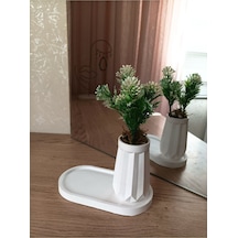Mini Düz Desenli Beton Saksı Tekli Ve Oval Tabak - Yapay Çiçek Hediyeli - Beyaz Tomurcuk