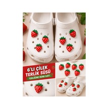 Temungur 6'lı Çilek Figürlü Terlik Süsü Klipsli Süs Seti, Kırmızı Çilek