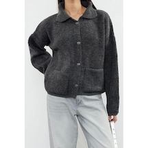 Ersefa Kadın Modern Tarz Oversize Polo Yaka Regular Triko Hırka Antrasit