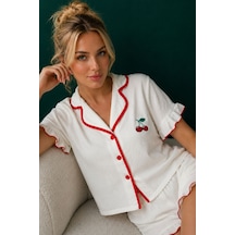 Bella Notte Bej Kırmızı Biye Detaylı Kiraz Nakışlı Bebek Yaka Şortlu Kısa Kollu Pijama Takımı Beyaz
