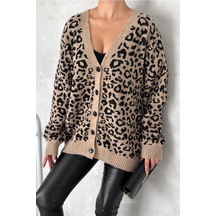 Femelle Kadın Kahverengi Leopar Desen Oversize Triko Hırka