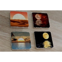 Ay Ve Gün Batımı Manzaralar Doğal Taş Bardak Altlığı 4'lü Set - Natural Stone Coasters - Taş Çok Renkli
