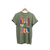 Unisex Cowgirl Kovboy Çizme Baskılı %100 Pamuk Regular Fit Bisiklet Yaka Haki T-shirt Haki