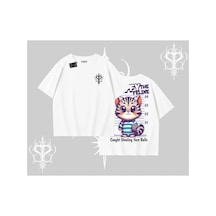 Tarzsokak Fluffy The Feline Yazılı Sevimli Kedi Arka Baskılı Oversize Tshirt Beyaz