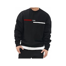 Unisex Oversize Paris Çizgi Baskı Bisiklet Yaka Siyah Sweatshirt Siyah