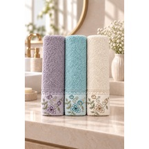 Bahar Dalı Çiçek Nakışlı El Yüz Havlusu 50x90 Cm 3 Lü Set %100 Pamuk - Aqua Lilac Çok Renkli