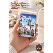 5 Adet El Aynası Taşlı İstanbul Tasarımı Kalın Model Cep Aynası Hand Pocket Mirror Sarı
