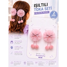 2 Li Ponpon Detaylı Simli Tül Toka Seti Kız Çocuk Saç Tokası Renk Seçenekli Pembe