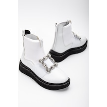 Rugan Streç Taşlı Kalın Taban Beyaz Kadın Bot-2618-beyaz Beyaz