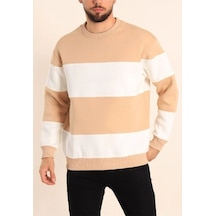 Erkek 3 İplik Pamuklu Parçalı Bisiklet Yaka Sweatshirt - Bej